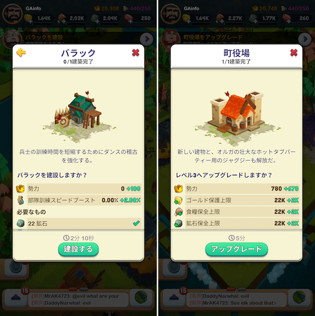 Kingdoms 建設のステータス